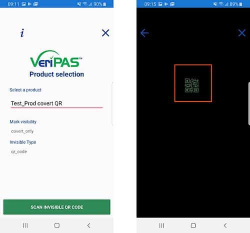 Type of checked code and captured image of QR code printed with invisible ink, highlighted by the specific light of the system